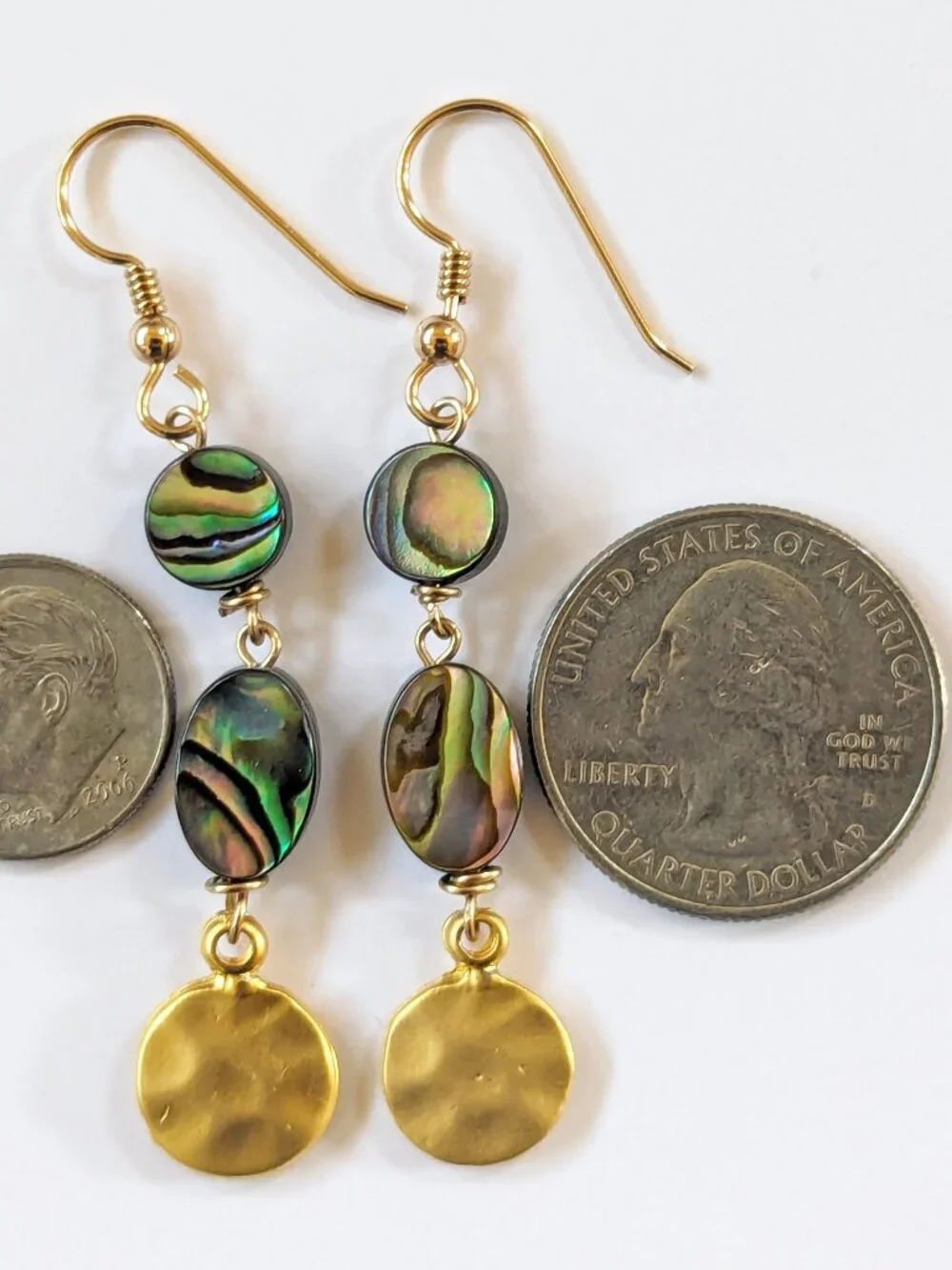 14K Gold Filled Teal Rainbow Abalone Shell Long Dangle Earrings